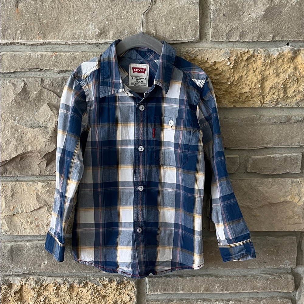 Levi's Blue and White Plaid Button-Down Shirt with Yellow Accents Size 6M Boys